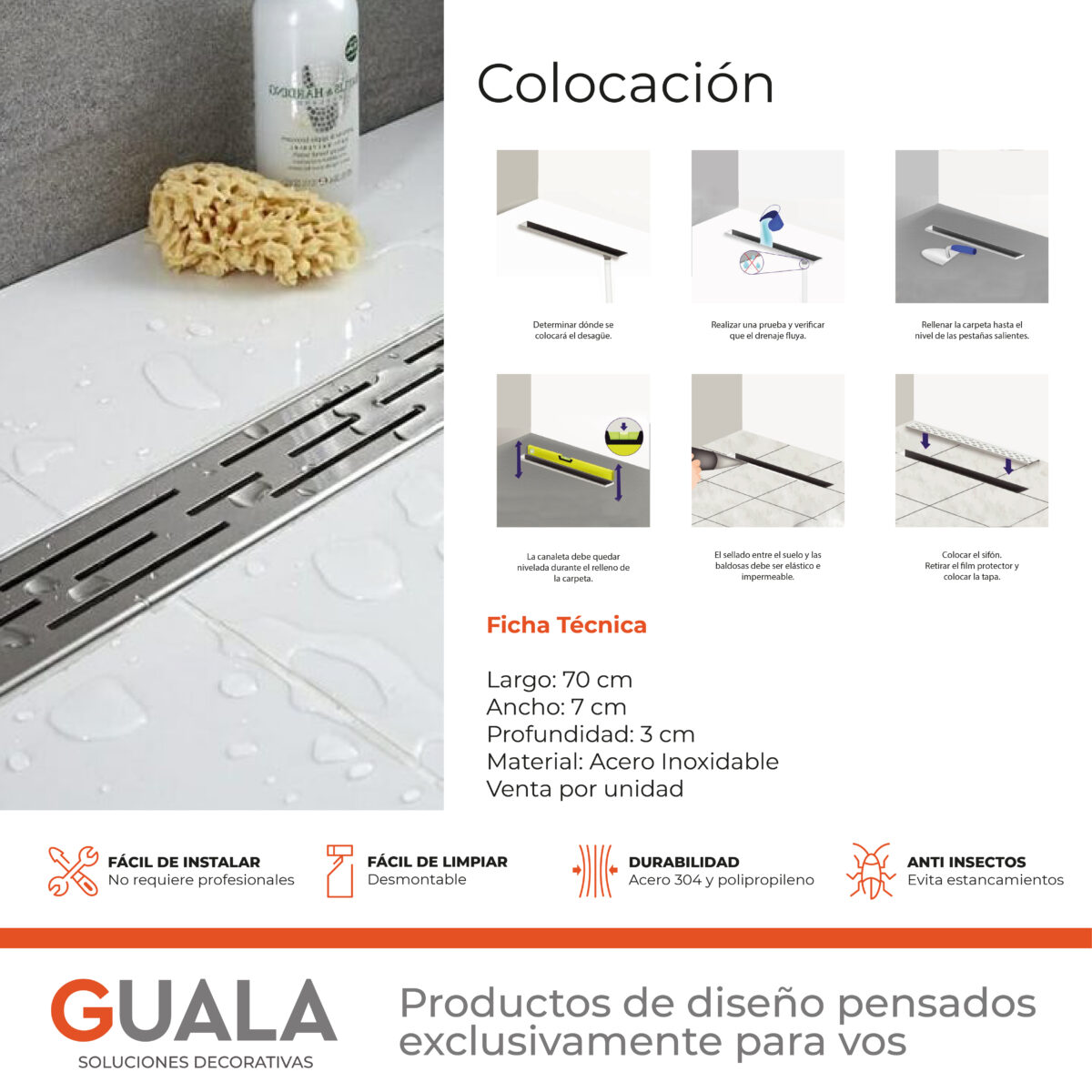 Desagüe Lineal Atrim Aqua Inca 70 cm Acero Inoxidable Mate - Imagen 4