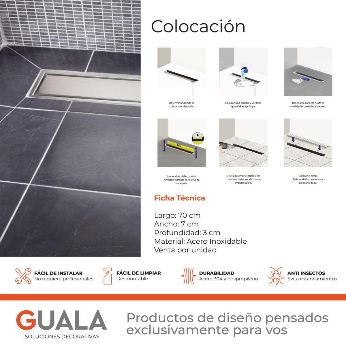 Desagüe Lineal Atrim Aqua Clásico 70 cm Acero Inoxidable Mate - Imagen 4