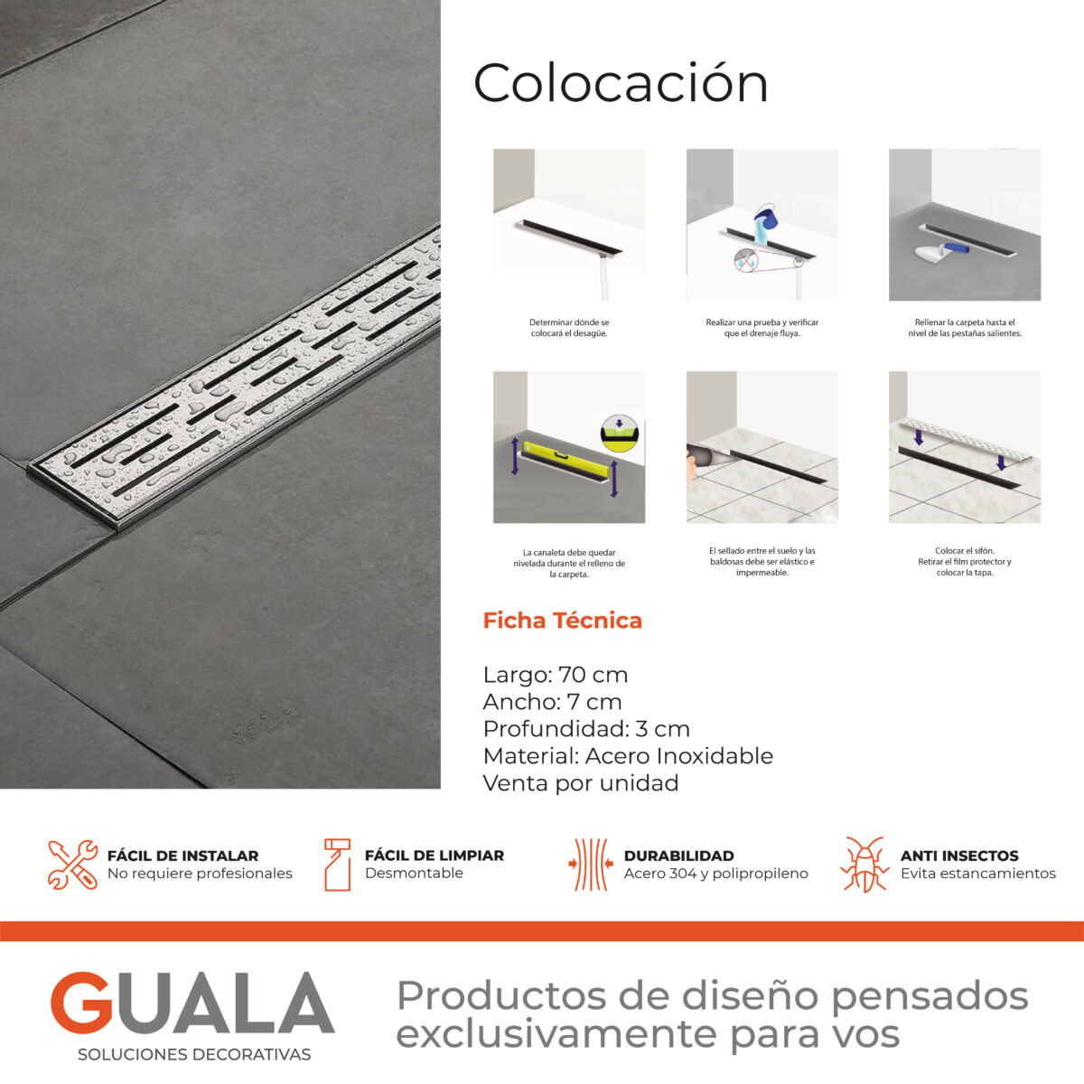 Desagüe Lineal Atrim Aqua Inca 70 cm Acero Inoxidable Brillante - Imagen 4