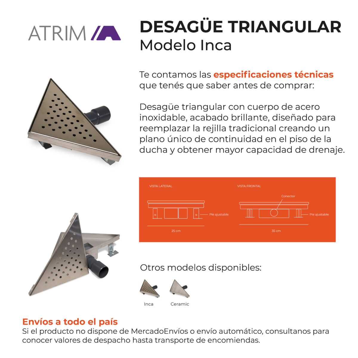 Desagüe Triangular Atrim Aqua Inca 25 cm Acero Inoxidable - Imagen 3