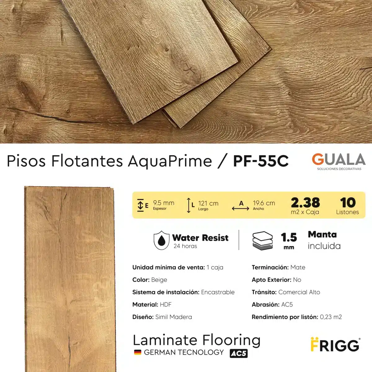 Piso Flotante Frigg AquaPrime Beige 9.5 mm HDF Simil Madera Alto Tránsito 2.38 m² Caja - Imagen 4